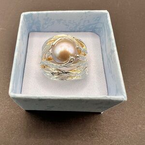 925 Sterling Silver Sculpted Pearl Centerpiece Ring-Size 8 1/2